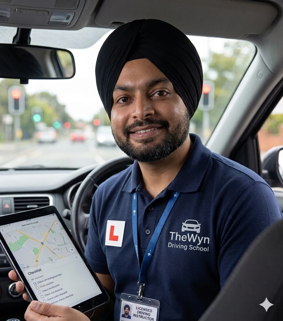 Simrat Bedi, accredited Queensland driving instructor, seated in a driving school vehicle