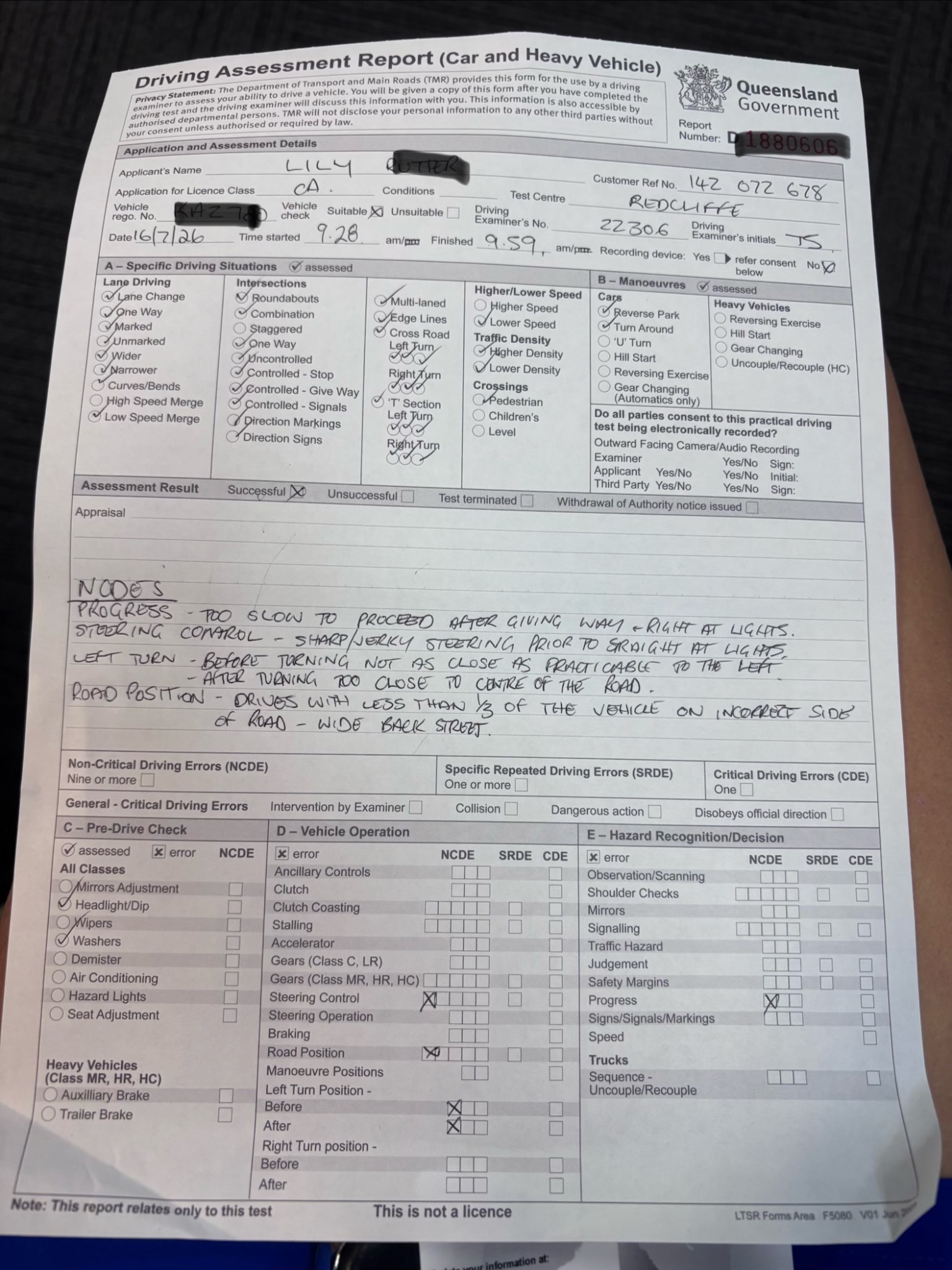 Lilly's successful Queensland driving assessment result